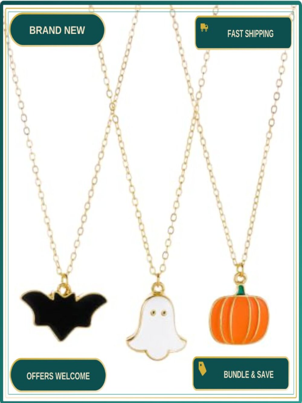 Halloween Necklace Set 3 Pc Ghost Bat Pumpkin Pendant Enamel Gold Plated Chain